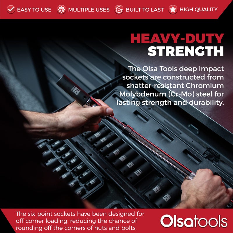Olsa Tools 1/2-Inch Drive Deep Impact Socket Set - 15pc Metric Cr-Mo 6-Point (10mm to 24mm) - High Contrast Markings - Chrome Molybdenum - Premium Storage Case - Part: 1277 - Image 4